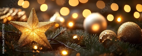 Golden Christmas Star Ornament with Lights and Bokeh