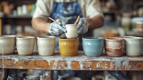 Elderly artisan crafting pottery and painting designs in a rustic workshop fi...