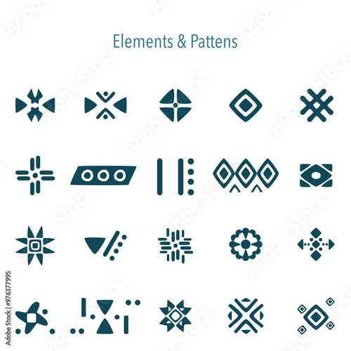 Vector illustration of geometric patterns, elements, and gestures. Retro abstract design, embroidery, collection of contemporary shapes for decoration, fabric patterns, backgrounds, rugs, and clothing