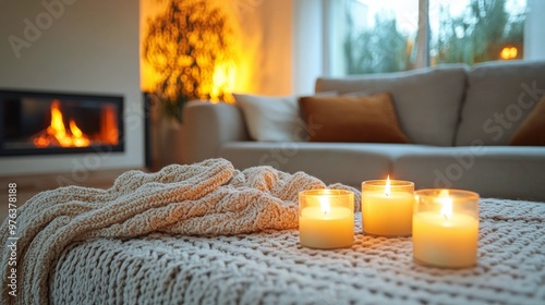 Cozy evening beside a warm fireplace with soft textiles and flickering candles