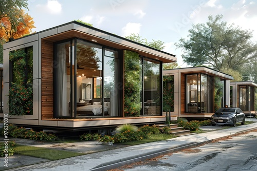 A row of small homes with a car parked in front of the second one