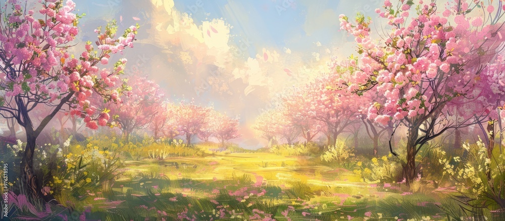 Vibrant pink blossoms adorning lush spring orchard in serene outdoor landscape Tranquil scenic view of blooming trees green meadow and soft cloudy sky creating a dreamy enchanting atmosphere Vibrant pink blossoms adorning lush spring orchard in serene outdoor landscape Tranquil scenic view of blooming trees green meadow and soft cloudy sky creating a dreamy enchanting atmosphere