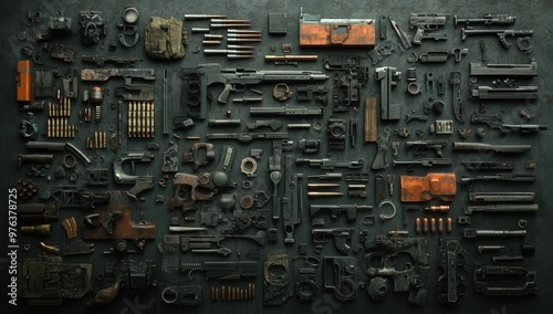 An orderly display of firearm parts and ammunition, set against a dark background, creating a complex and detailed visual array.