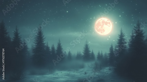 Santa Claus sits on a sleigh under a bright full moon in a snowy forest durin...