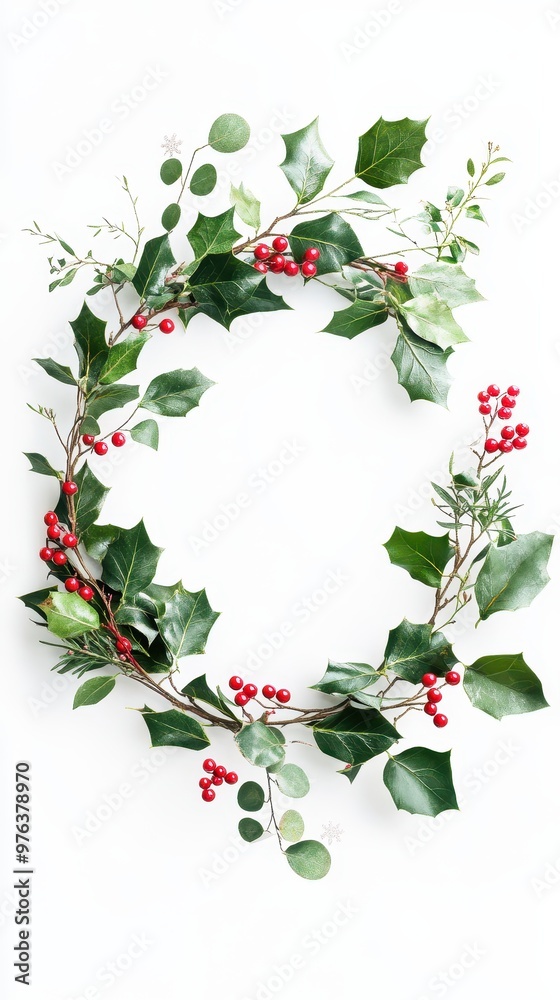 A vibrant holiday wreath decorated with holly and red berries, perfect for festive decor A vibrant holiday wreath decorated with holly and red berries, perfect for festive decor