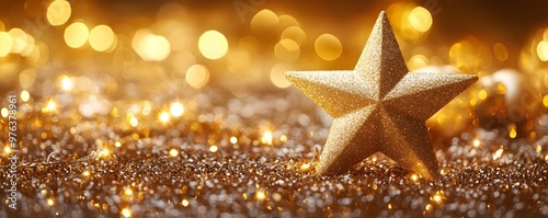 Golden Star with Festive Lights Background