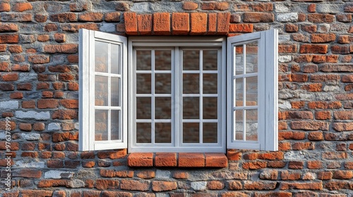 A rustic brick wall featuring an open window with white wooden frames and pan...