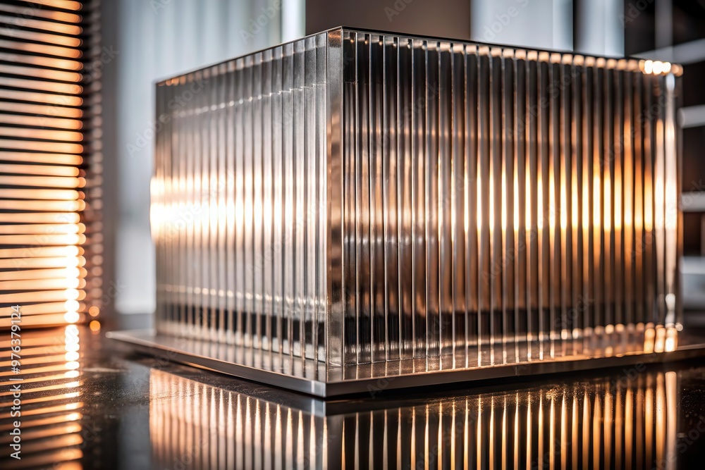 Reeded Glass. Minimal interior with blurry lights for modern presentation. Silver, Chrome Colors. Iridescent pattern with copy space for office wall. Gray Ribbed Background. Reeded Glass. Minimal interior with blurry lights for modern presentation. Silver, Chrome Colors. Iridescent pattern with copy space for office wall. Gray Ribbed Background.