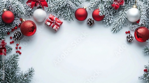 Winter holiday decorations with gifts and ornaments under a Christmas tree at...