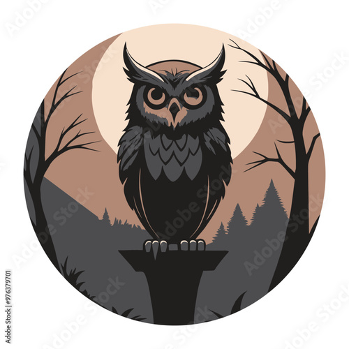 Illustration of owl on tree branch in flat vector art