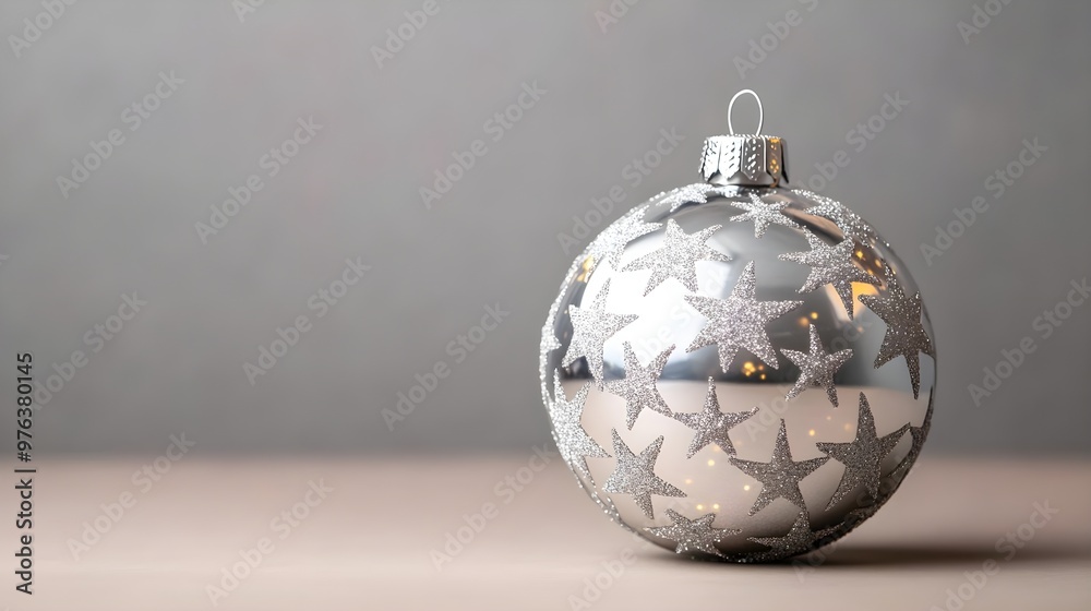 Silver Christmas Ornament with Stars on Grey Background Silver Christmas Ornament with Stars on Grey Background