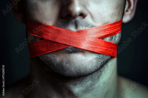 Close-up of a red tape crossed over a man's mouth, symbolizing the restriction of free speech, cancel culture