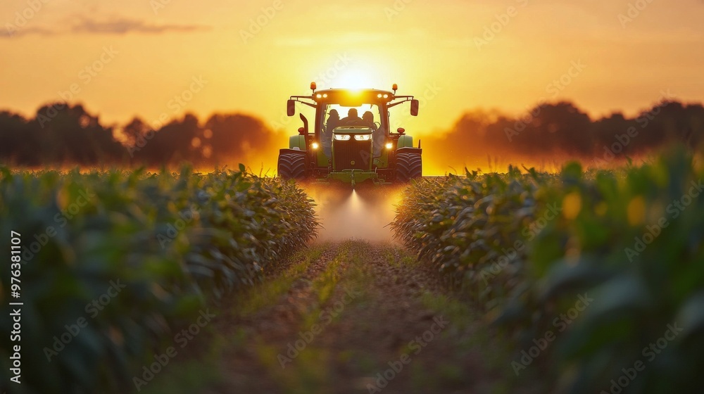 Fototapeta premium Tractor spraying crops in a lush green field during a sunny day