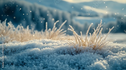 Frost-covered grasses sway gently under falling snowflakes on a winter afternoon