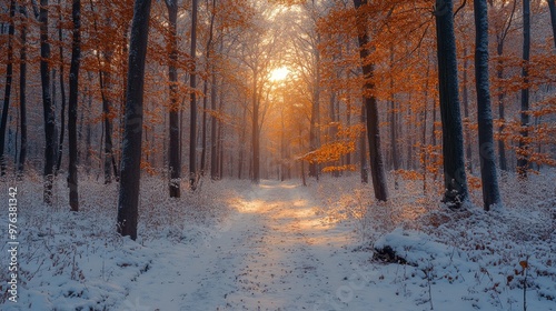 Golden sunlight filters through snowy trees in a winter forest at dusk