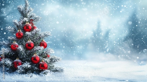A beautifully decorated Christmas tree surrounded by snowy landscape in a win...