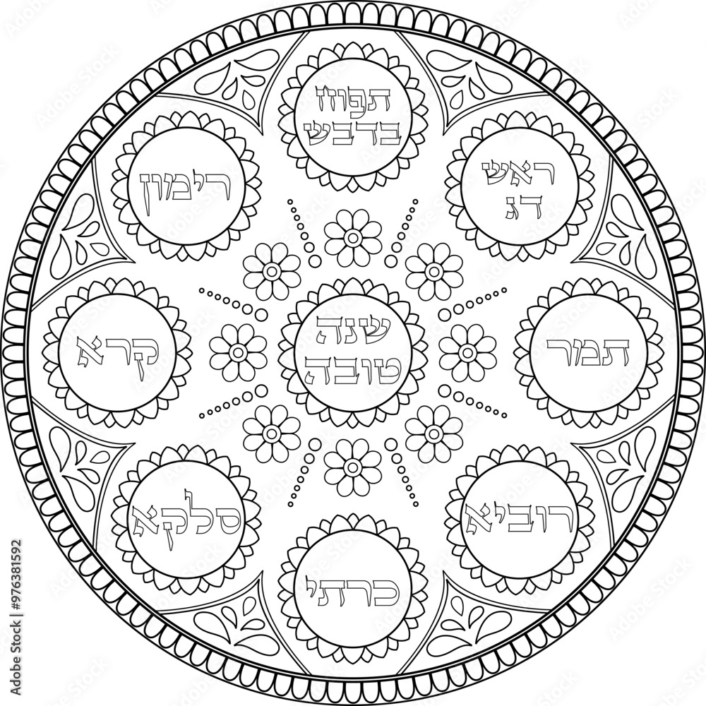 Jewish new year Simanim plate with Hebrew titles, black outline illustration. Use for digital decoration, coloring page for kids and adults, print art. Translation: Jewish new year Simanim plate with Hebrew titles, black outline illustration. Use for digital decoration, coloring page for kids and adults, print art. Translation: