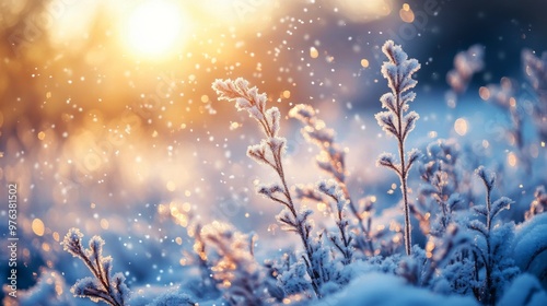 Frost-covered grasses sway gently under falling snowflakes on a winter afternoon