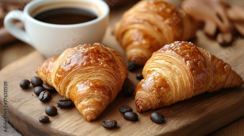 Freshly baked croissants on a wooden board with a steaming cup of coffee in a...