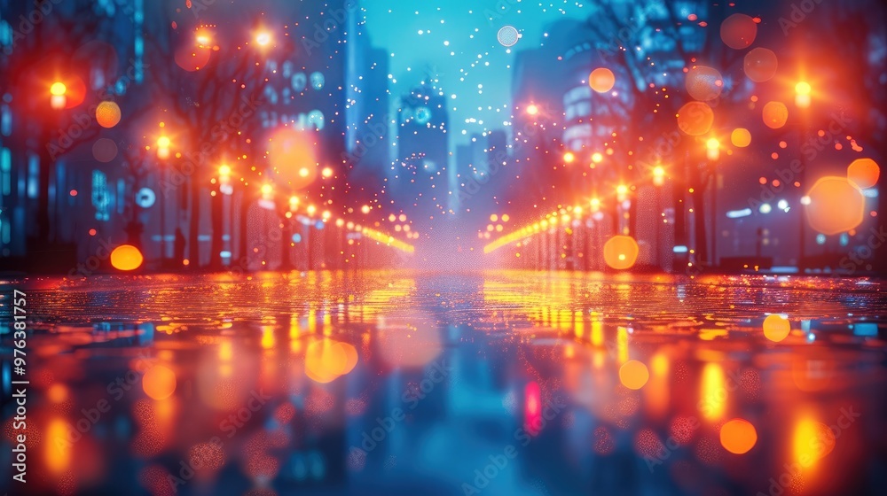 Colorful, round, blurred city lights cover the entire image, creating a beautiful glowing background. Generative AI. Colorful, round, blurred city lights cover the entire image, creating a beautiful glowing background. Generative AI.