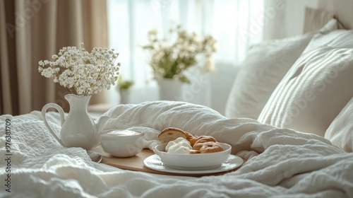 Cozy breakfast in bed: coffee, croissants, and a cupcake on a fluffy blanket ...