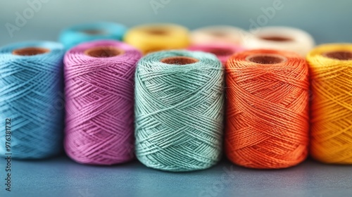 Colorful spools of thread arranged neatly on a surface ready for sewing or cr...