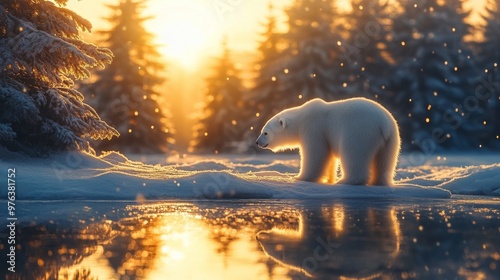 Polar bear walks along a snow-covered landscape at sunset in a northern wilde...