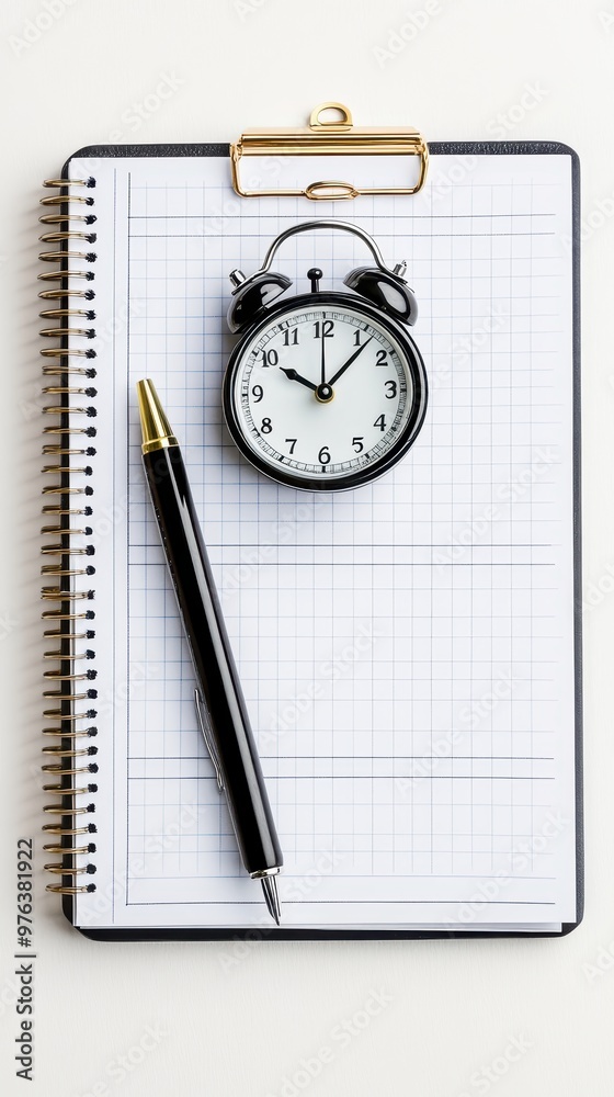 A notepad features a New Year's resolution list alongside a clock and a pen for planning goals A notepad features a New Year's resolution list alongside a clock and a pen for planning goals