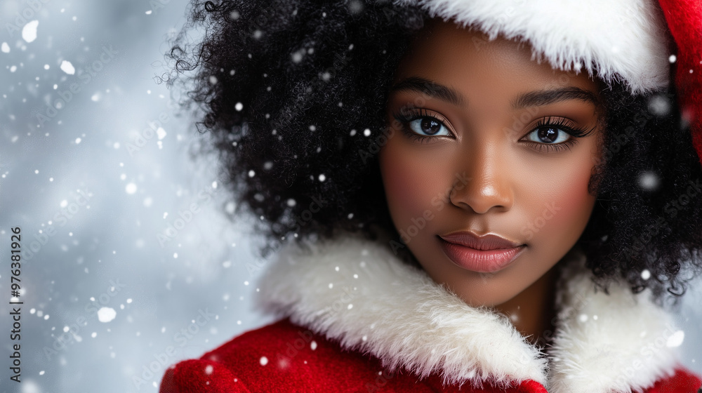 snow background with a woman wearing a santa claus hat snow background with a woman wearing a santa claus hat