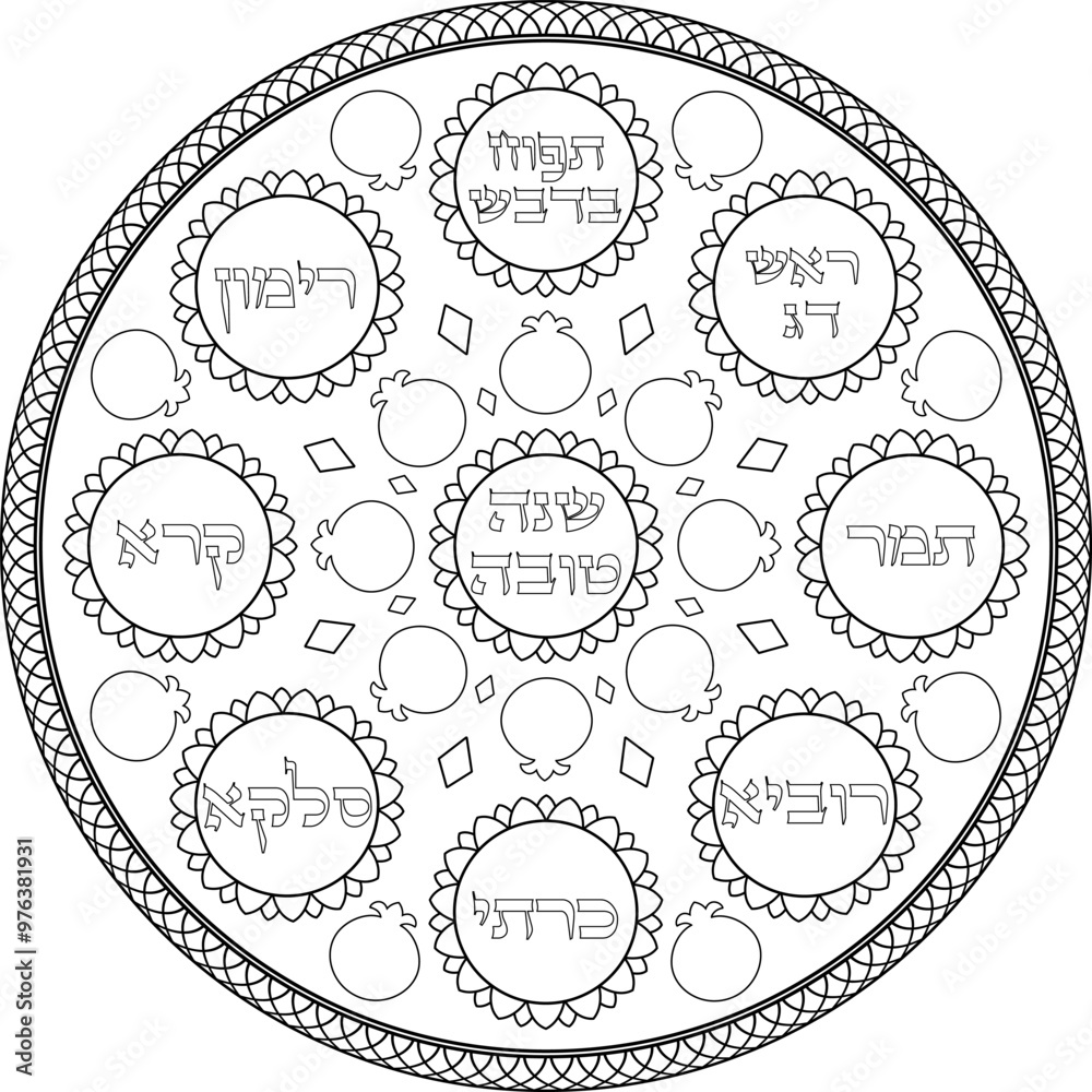 Jewish new year Simanim plate with Hebrew titles, black outline illustration. Use for digital decoration, coloring page for kids and adults, print art. Translation: Jewish new year Simanim plate with Hebrew titles, black outline illustration. Use for digital decoration, coloring page for kids and adults, print art. Translation: