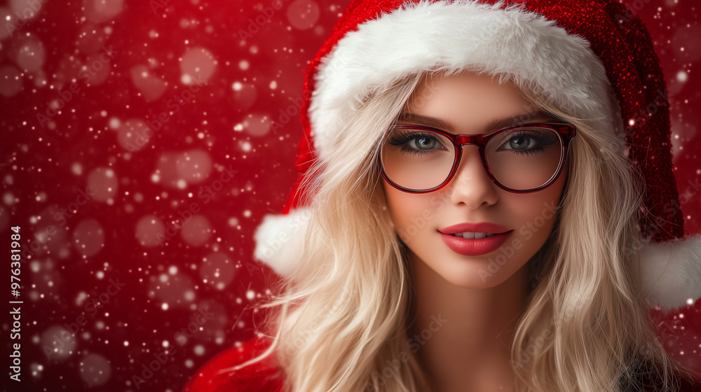 red background with a blond woman wearing a santa claus hat red background with a blond woman wearing a santa claus hat