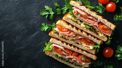 Grilled sandwich with fresh vegetables and melty cheese on a wooden cutting b...