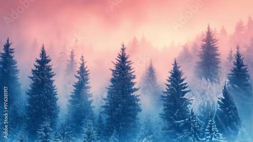 Misty winter morning with snow-covered trees in a serene forest landscape at dawn