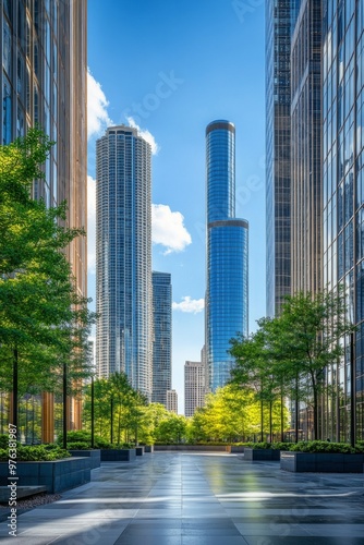 Modern urban architecture in a vibrant city under a bright blue sky filled wi...