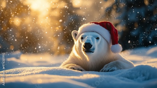 Polar bear walks along a snow-covered landscape at sunset in a northern wilde...