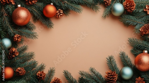 Christmas ornaments and pine cones on a neutral background for holiday cheer