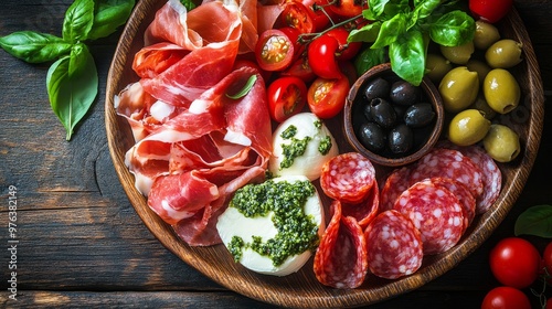 A colorful charcuterie board with meats, cheeses, olives, and fresh veggies a...