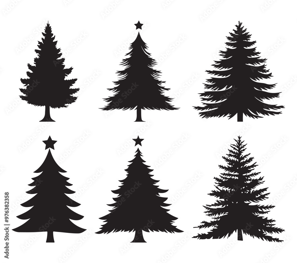 Obraz premium Silhouette of a Christmas tree set decorated with star ornaments, ideal for holiday designs and festive projects