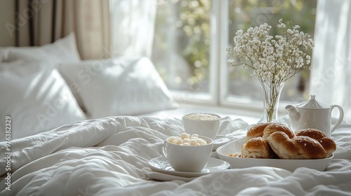 Cozy breakfast in bed: coffee, croissants, and a cupcake on a fluffy blanket ...
