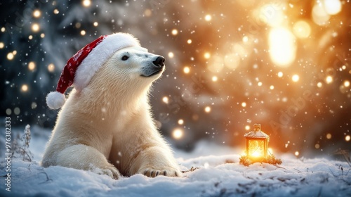Polar bear walks along a snow-covered landscape at sunset in a northern wilde...