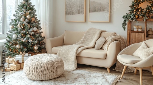 Cozy living room with a decorated Christmas tree and a modern lounge chair in...