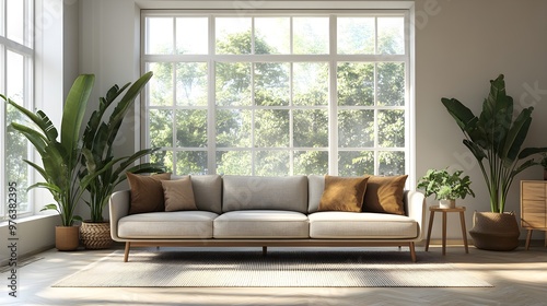 Warm tones and mid-century modern sofa in a radiant living room image