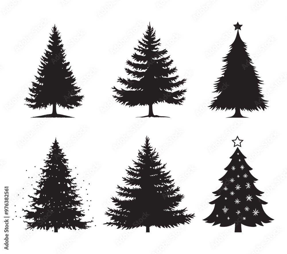 Fototapeta premium Silhouette of a Christmas tree set decorated with star ornaments, ideal for holiday designs and festive projects