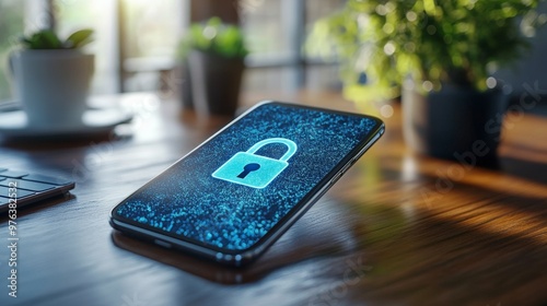 A smartphone displaying a glowing padlock symbol on its screen in a darkened ...