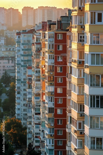 Modern urban architecture in a vibrant city under a bright blue sky filled wi...