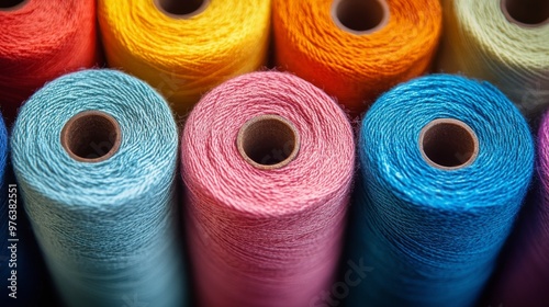 Colorful spools of thread arranged neatly on a surface ready for sewing or cr...