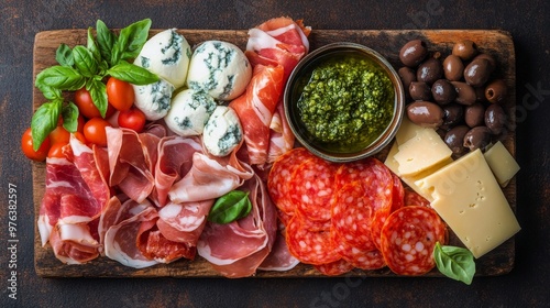 A colorful charcuterie board with meats, cheeses, olives, and fresh veggies a...