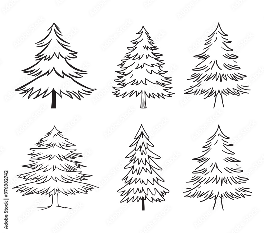 Obraz premium Outline Silhouette of a Christmas tree set decorated with star ornaments, ideal for holiday designs and festive projects