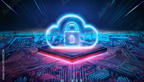 Illustration of a glowing cloud icon with a lock in the center, representing cloud data security and cybersecurity in cloud computing environments. Generative AI