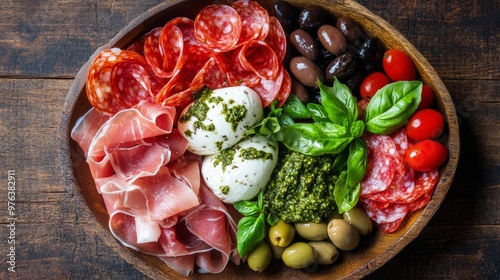 A colorful charcuterie board with meats, cheeses, olives, and fresh veggies a...